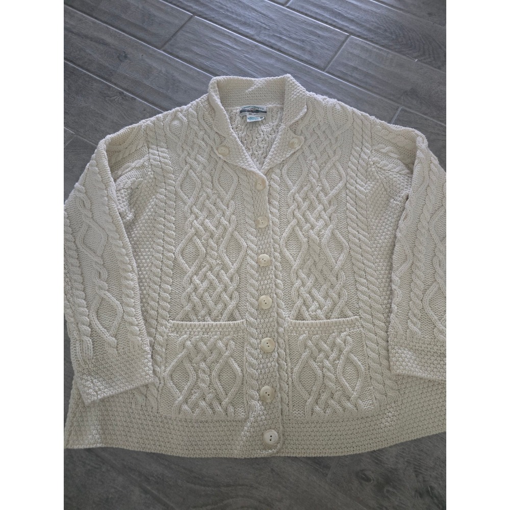 VTG Aran Crafts Ireland 100% Merino Wool Cable Knit Cardigan Sweater Cream XXL
